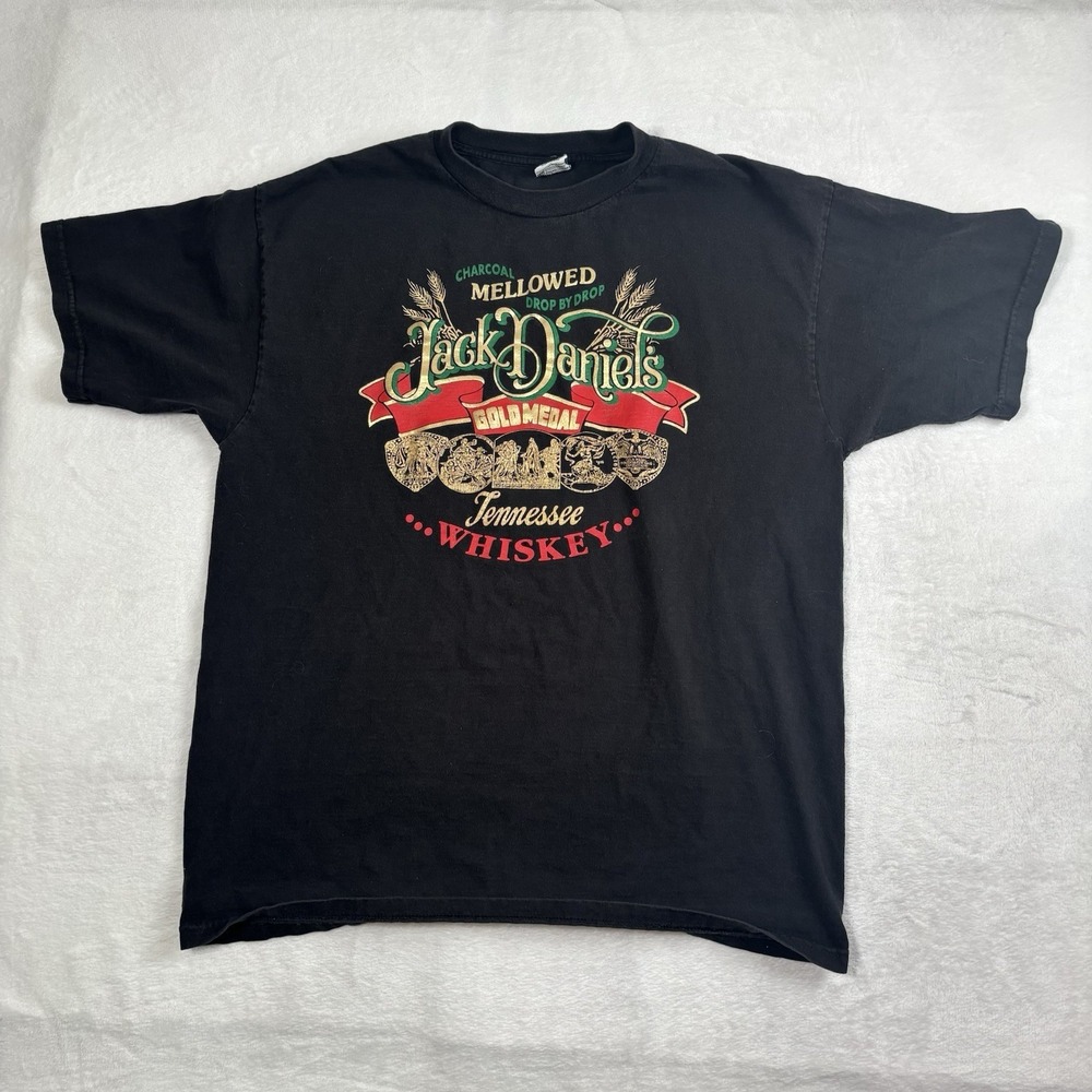 VTG Jack Daniels Gold Medal Whiskey Black Short Sleeve Graphic Shirt Men's XL